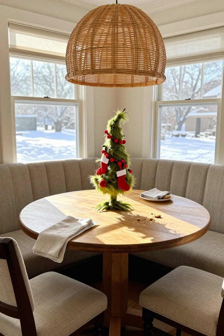 A small Grinch Christmas tree with red ornaments and a stocking stands on a round wooden table in a beige-tufted bench kitchen nook, with white napkins, a plate, wooden chairs, rattan pendant light overhead, and snowy view through windows.