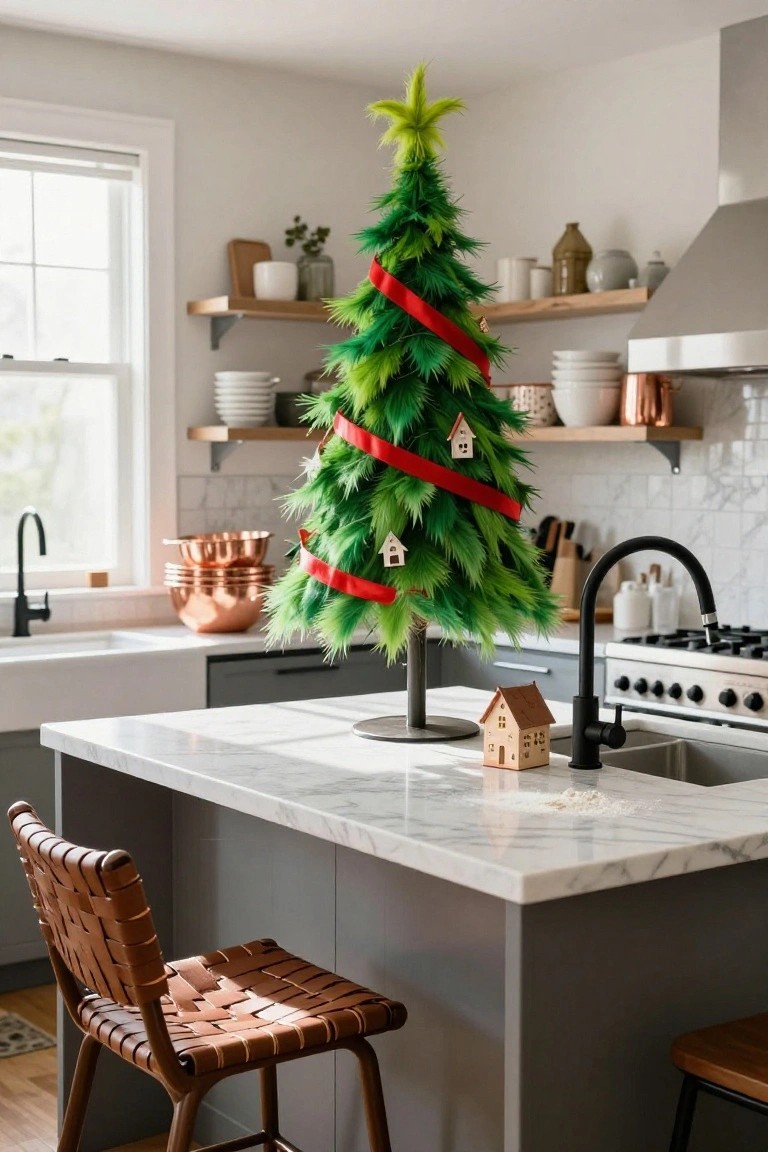 A small fluffy green Grinch Christmas tree with red ribbons and tiny wooden house ornaments on a metal stand atop a white marble kitchen island, next to a black faucet and stools in a modern white kitchen.