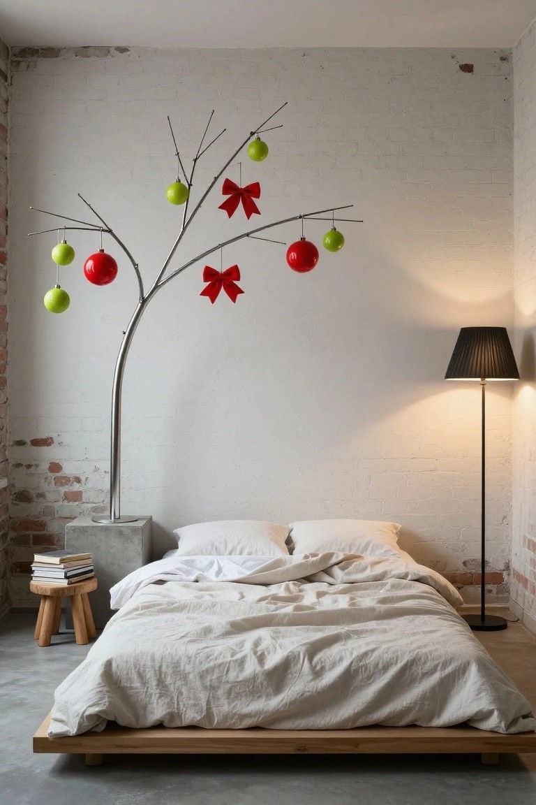 Modern bedroom featuring a low wooden platform bed with white linens, concrete side table stacked with books on wooden stool, black floor lamp, and tall metallic branch Christmas tree sculpture on white brick wall with green and red glass ornaments and red bows.