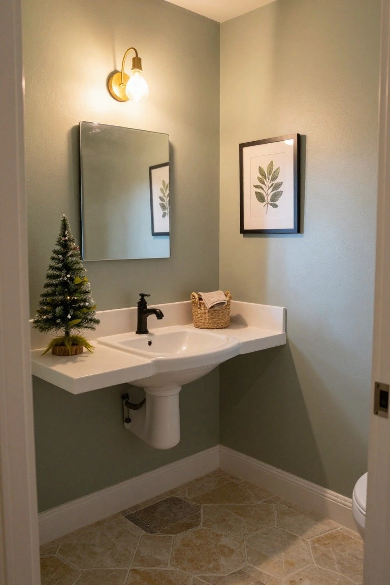 Small flocked artificial Christmas tree with lights and ornaments on a white floating bathroom vanity next to a black faucet sink, in a room with green walls, gold sconce, and visible toilet.