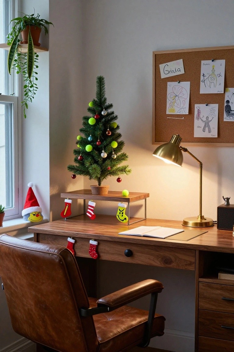 Home office corner featuring a wooden desk with leather chair, small green Grinch-themed Christmas tree on shelf above, Grinch decorations, plants, and corkboard with kids' drawings.