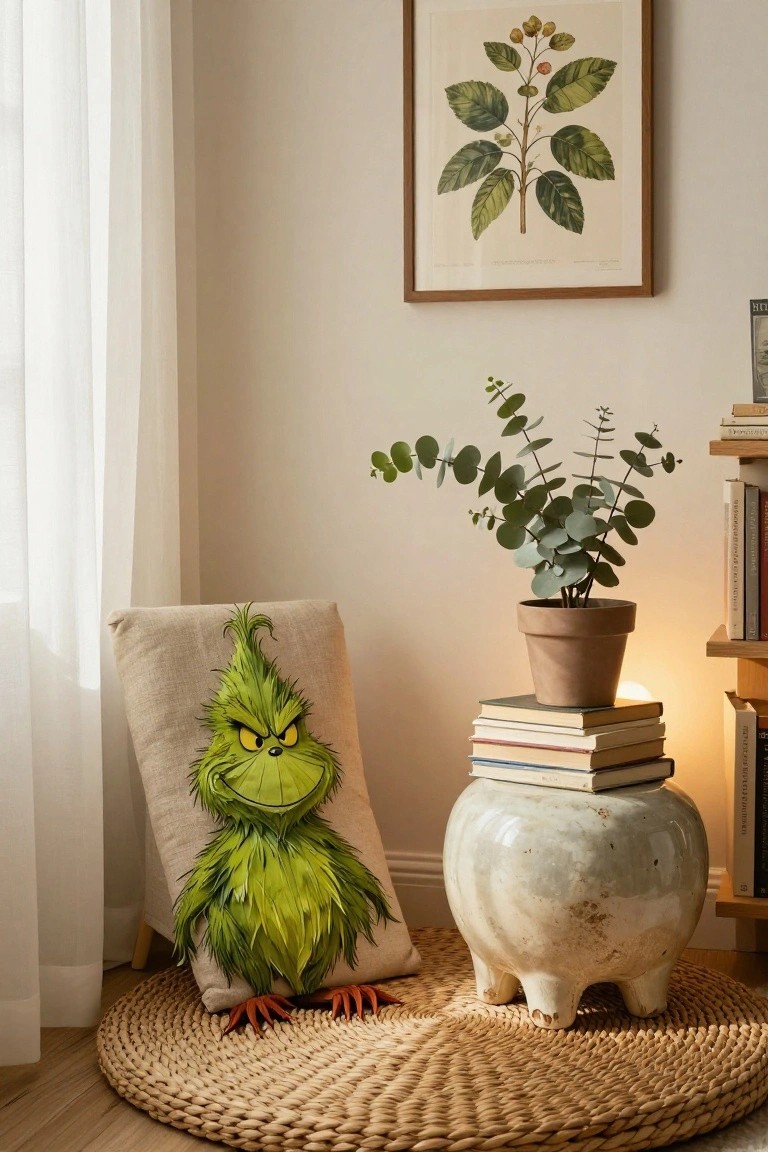 Cozy indoor room corner with a large green Grinch floor pillow on a round seagrass rug, next to a white ceramic stool topped with stacked books and a potted eucalyptus plant, sheer curtains on one side, and a botanical print on the wall.