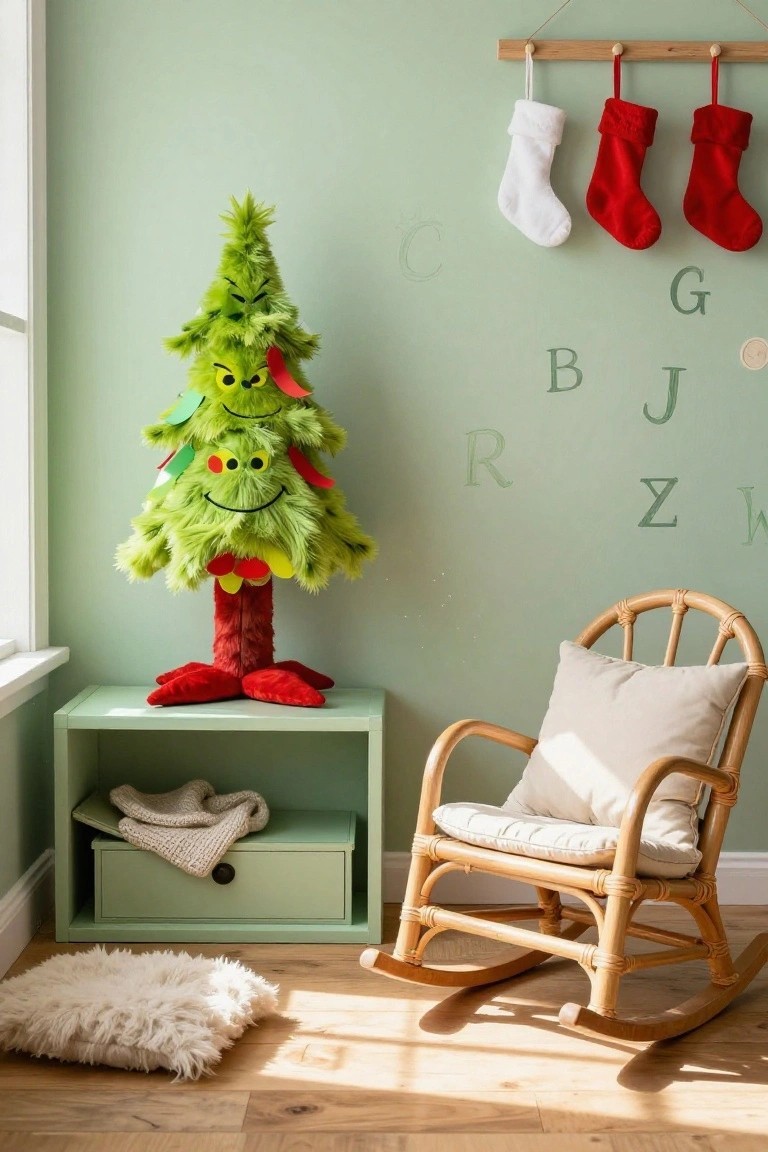 Plush green Grinch Christmas tree with facial features on a mint green shelf in a pastel green nursery, next to a wicker rocking chair, with hanging stockings and alphabet letters on the wall.