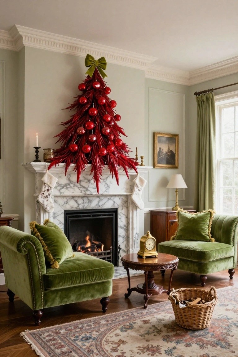 A living room with pale green walls and crown molding, featuring a large red feather Christmas tree with red ornaments mounted above a marble fireplace, two green velvet armchairs, a wooden side table with a clock, and a wicker basket on a patterned rug.