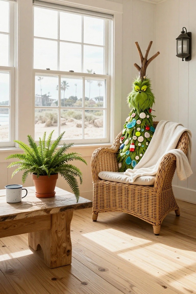 Grinch Christmas tree with green furry head and body covered in shell and button ornaments seated in a white wicker armchair by a large window showing beach dunes and palms, next to a potted fern on a wooden coffee table in a white-walled room.