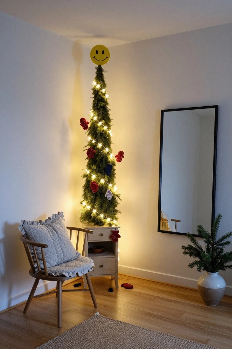 Tall narrow evergreen Christmas tree with white string lights, red crocheted mittens, pom poms, and a yellow smiley face at the top, placed vertically in a light room corner next to a black-framed mirror, wooden chair with gray ruffled pillow, and small dresser.