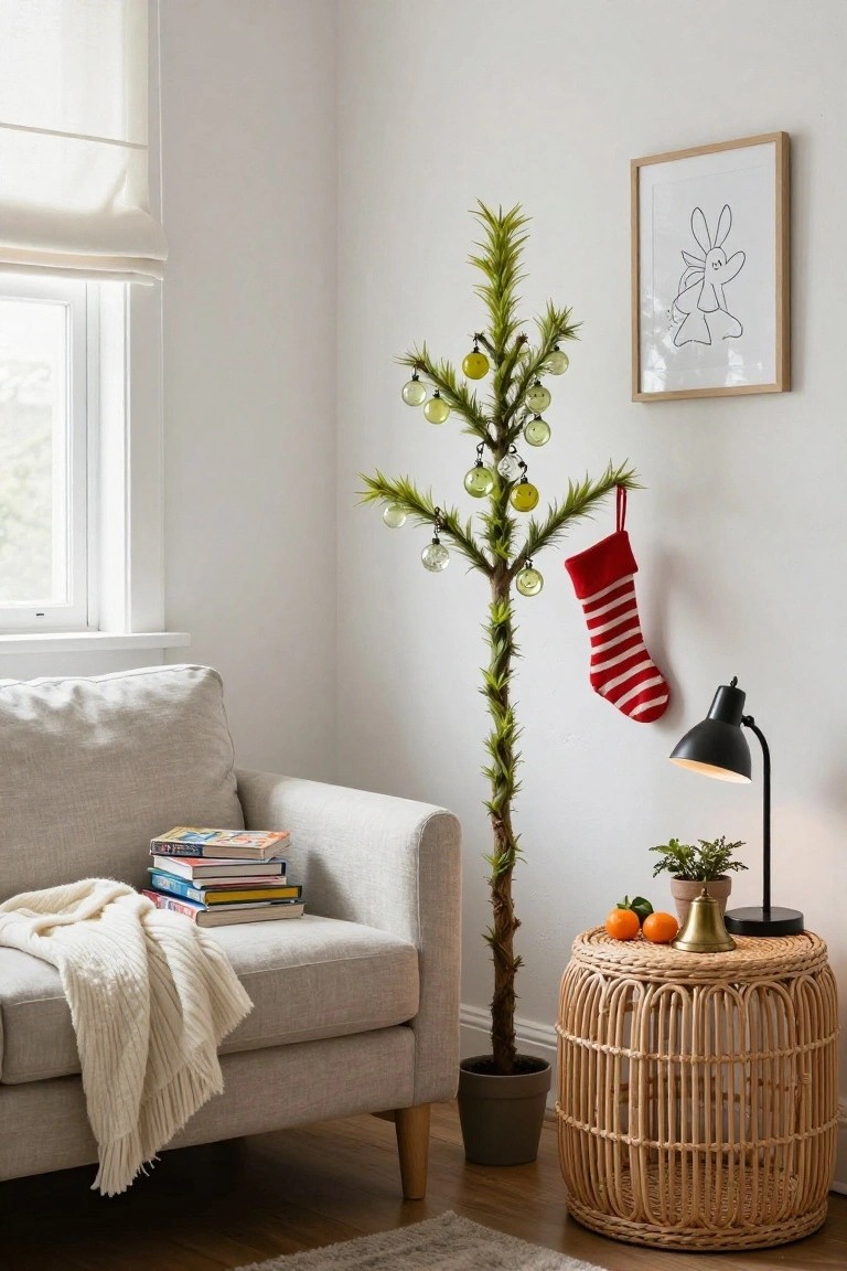 Cozy living room corner with a potted spiky green plant decorated with yellow glass ornaments and a red striped Christmas stocking hanging from a branch, beside a beige sofa, stack of books, rattan side table with oranges and a lamp, white walls, and sheer curtains.