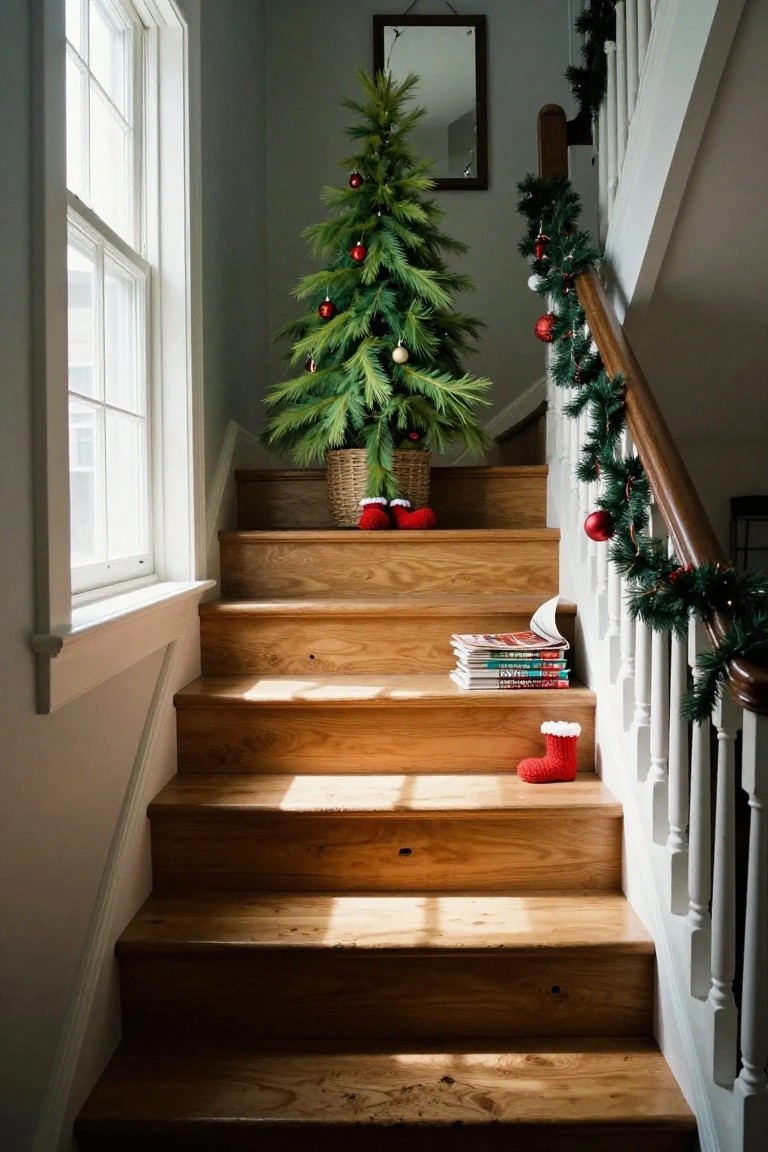Small decorated Christmas tree in basket stands in corner of wooden staircase landing next to window, with red fuzzy stockings, stack of magazines, red apples, and garland on railing.