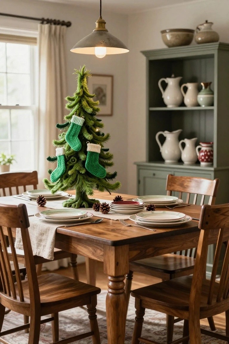 Tabletop Grinch Tree with Knit Stockings