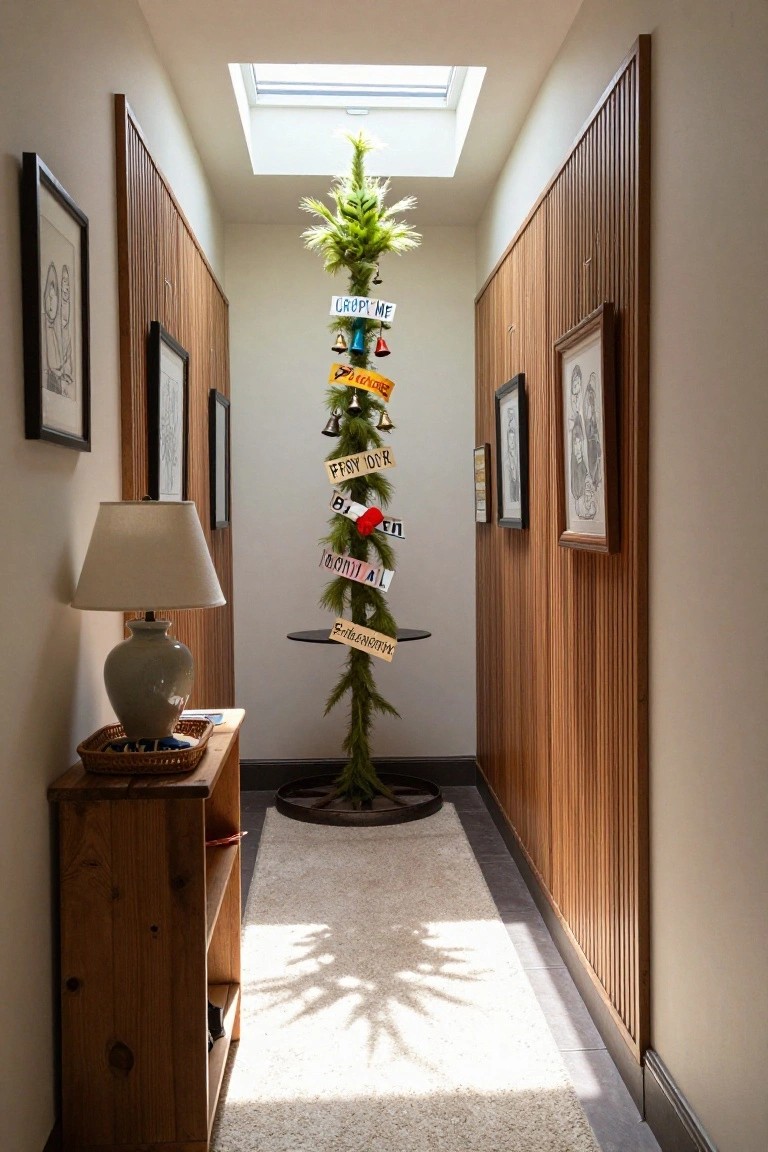 Narrow wooden-paneled hallway with a tall artificial Grinch Christmas tree covered in colorful holiday signs and bells, skylight overhead, lamp on shelf nearby, and rug on floor.