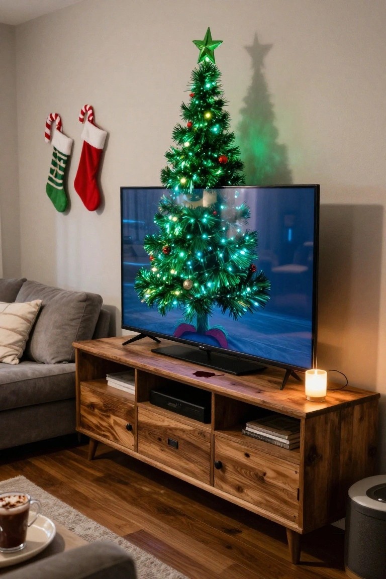 A small lit green artificial Christmas tree sits on top of a wooden TV stand in a cozy living room, with the TV screen displaying an animated Christmas tree and holiday characters, green and red stockings hanging on the wall nearby.