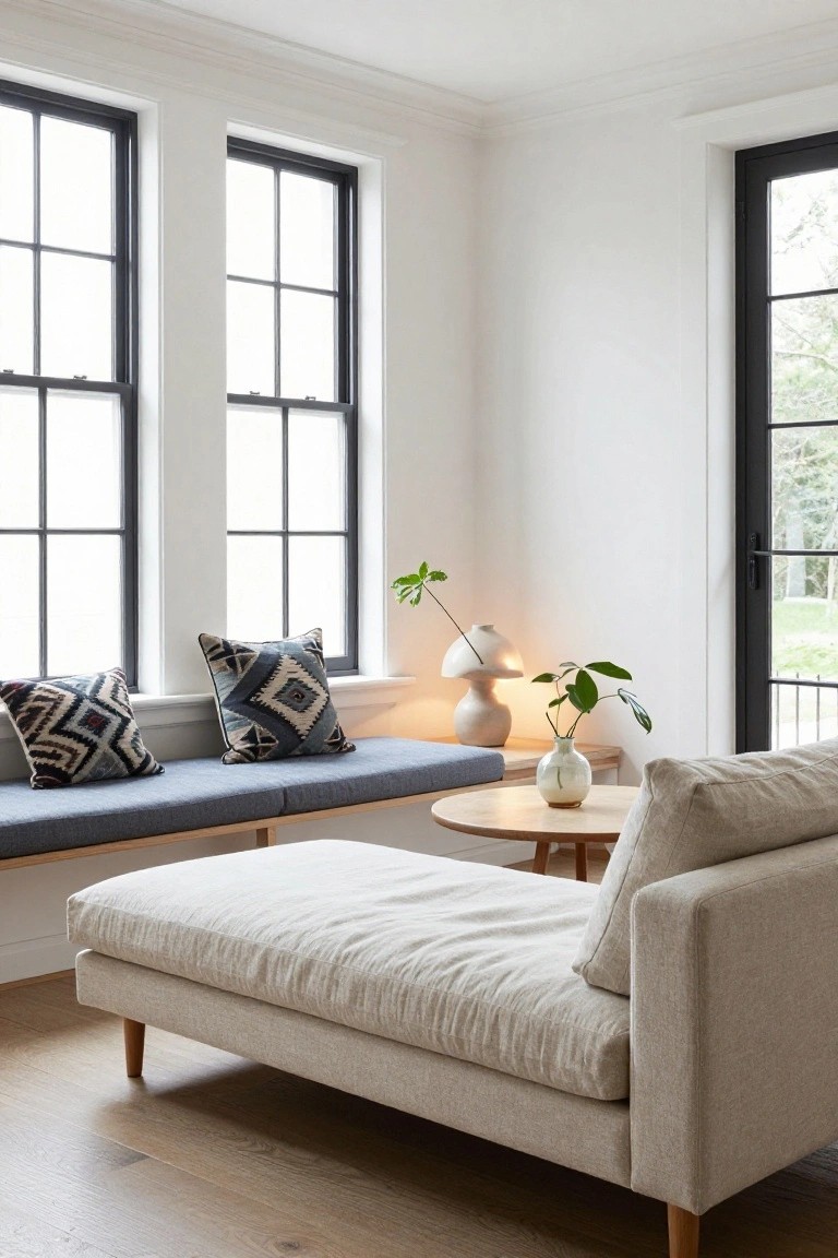 Bright living room corner with black-framed windows, blue cushioned bench topped with geometric patterned pillows, ceramic vases holding plants on a round wooden table, and a beige linen chaise lounge on light wood floors.