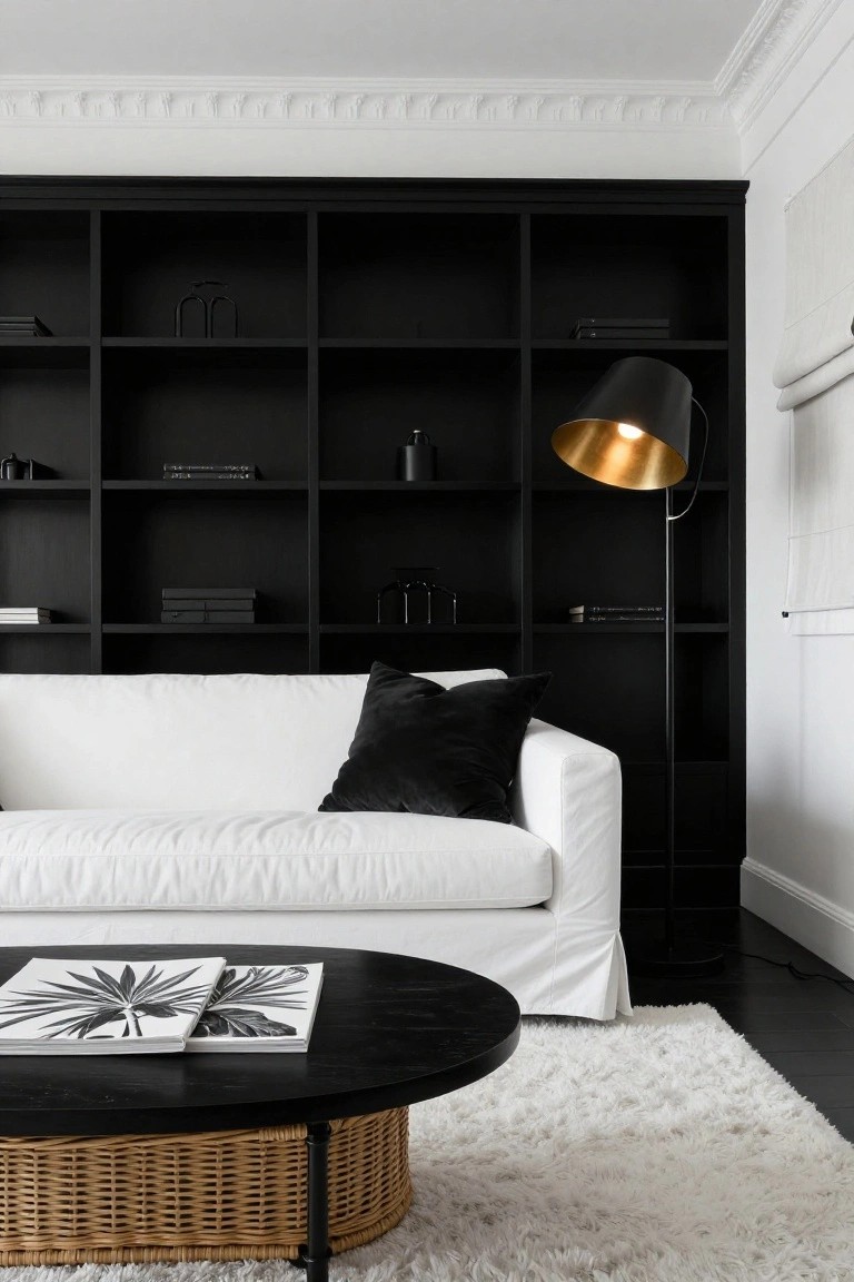 A living room with tall black floor-to-ceiling built-in bookshelves on one wall sparsely filled with black books and objects, a white slipcovered sofa with black pillows, black coffee table holding white books, rattan basket on a stand, gold-accented black floor lamp, and white shag rug on dark wood floor.