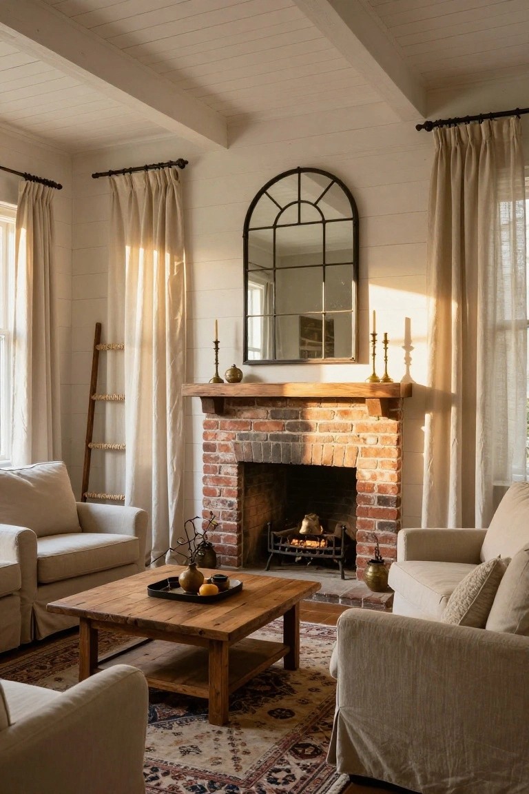 Living room with central brick fireplace on wooden mantel, flanked by beige linen sofas, wooden coffee table with tray of fruit, large arched black mirror above mantel, white shiplap walls, sheer curtains, and ladder against wall.