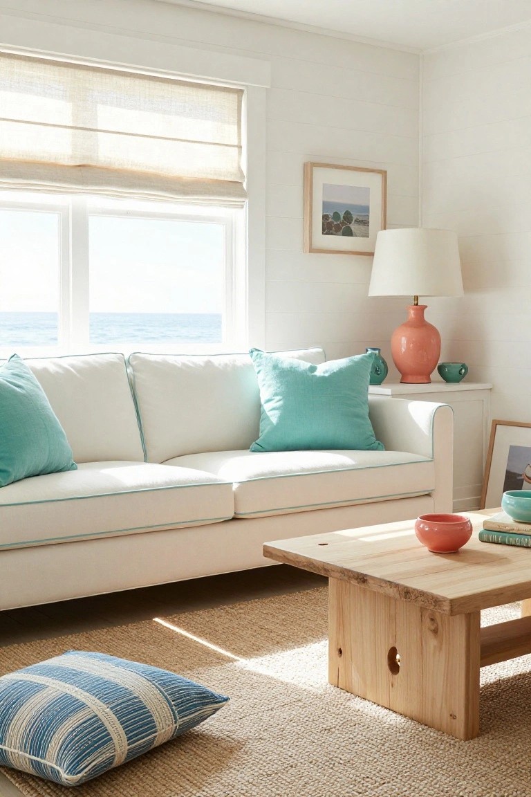 Bright living room with white sofa topped by teal pillows, wooden coffee table holding books and coral bowl, coral lamp and vases on shelves, seagrass rug, and large windows overlooking blue ocean.