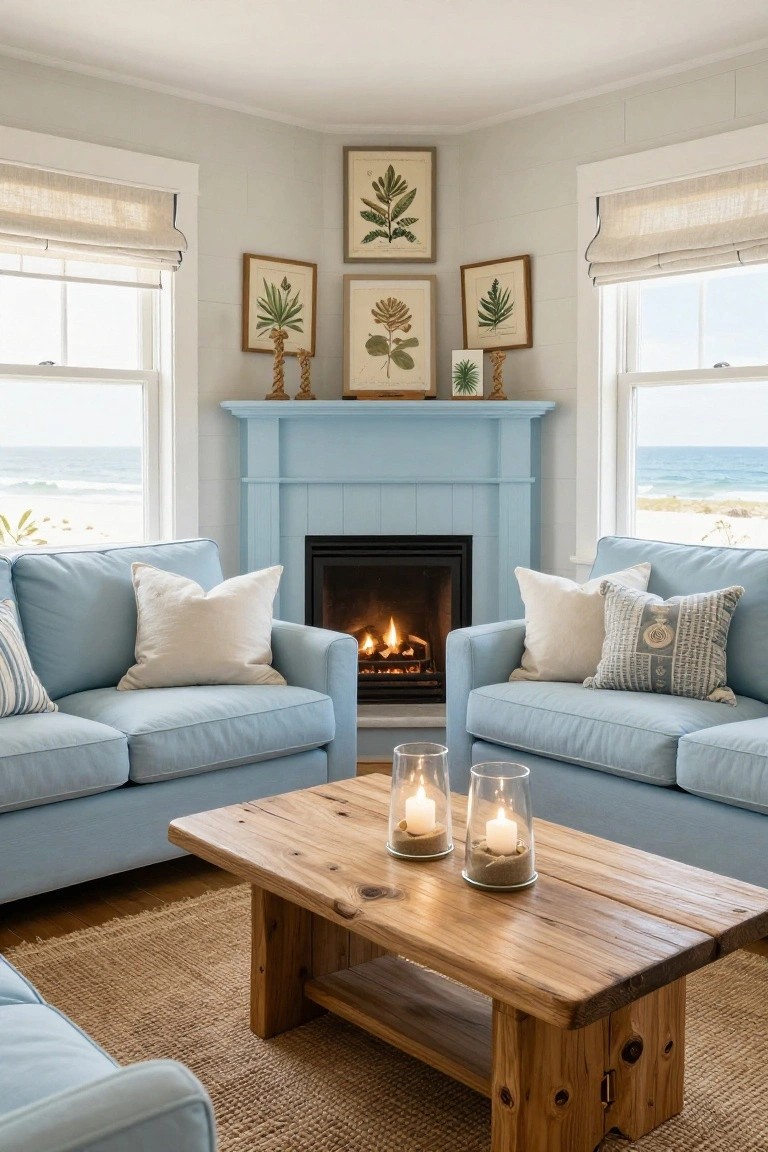 Cozy Blue Fireplace in Coastal Rooms