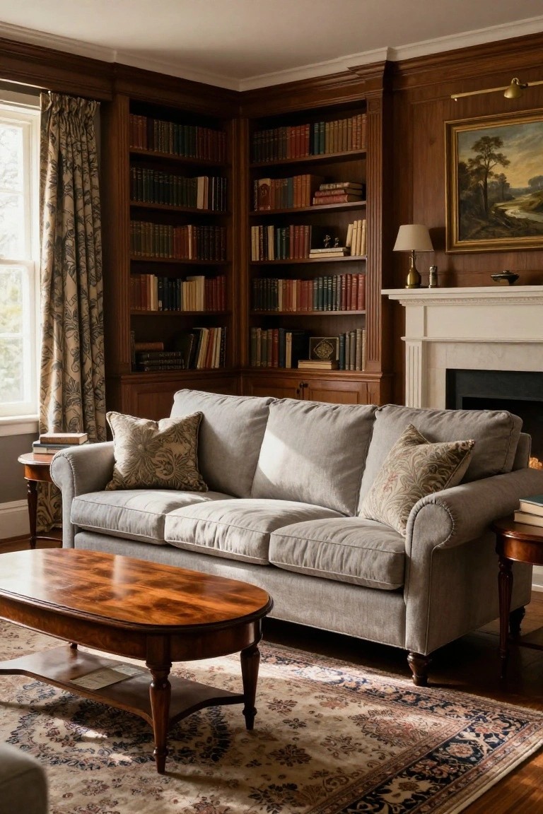 Corner of a wood-paneled living room with floor-to-ceiling bookshelves filled with books, light gray sofa with patterned pillows, marble fireplace, oval wood coffee table, and end tables on a patterned rug.
