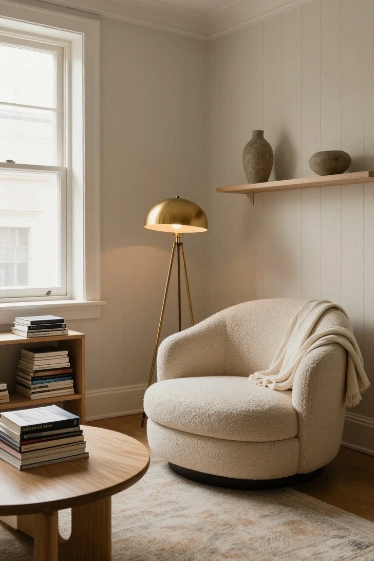 Living room corner featuring a creamy bouclé swivel armchair with a throw blanket, gold tripod floor lamp, wooden bookshelves stacked with books, round wooden side table with books, neutral walls, window, and beige rug.