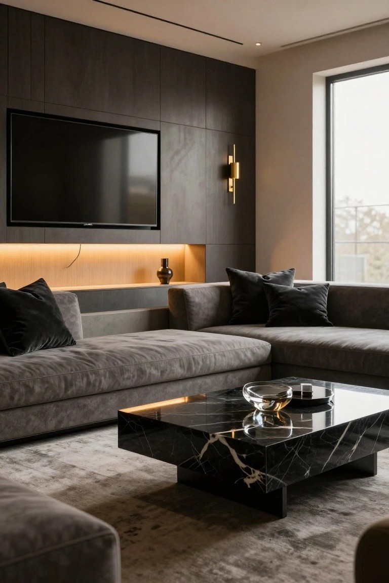 Modern living room with dark vertical wood-paneled accent wall featuring mounted black TV, LED lighting, wood shelf with bronze vase, gray L-shaped velvet sofa with black pillows, black marble coffee table holding glass bowl, and large window.