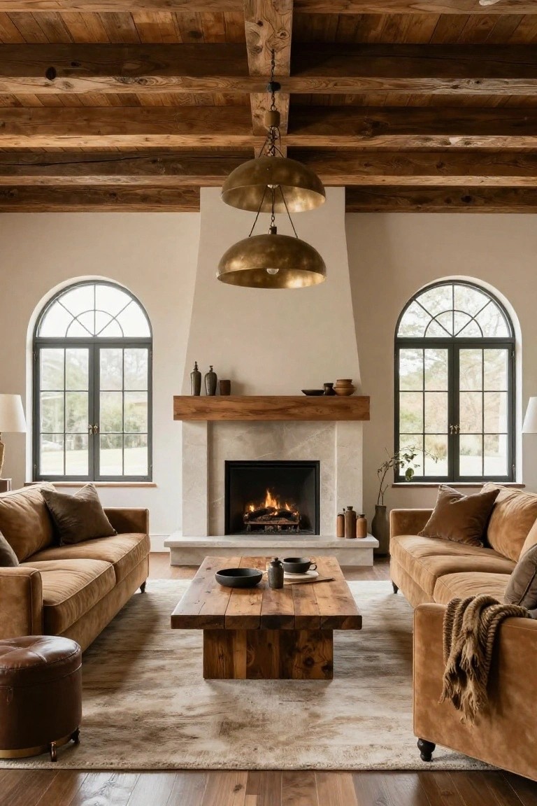 A living room with dark exposed wooden ceiling beams, white plaster walls, two tan leather sofas facing a large wooden coffee table, a white stone fireplace with wood mantel and gas fire, arched black-framed windows, and brass pendant lights.