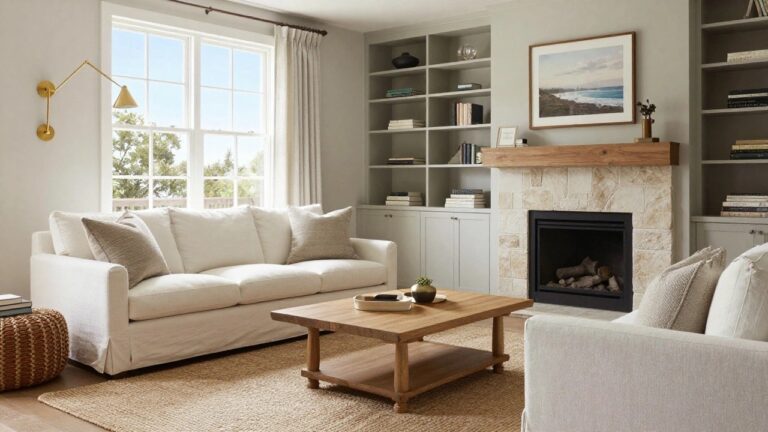 White slipcovered sofa with plaid pillows and throw blanket facing a beige stone fireplace flanked by painted built-in bookshelves in a neutral living room with wooden coffee table and seagrass rug.