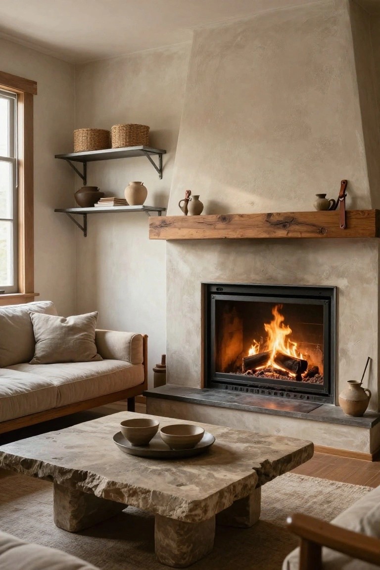 Living room with plaster walls, wooden mantel over a burning fireplace, beige sofa, stone coffee table with ceramic bowls, and shelves holding pottery and baskets.