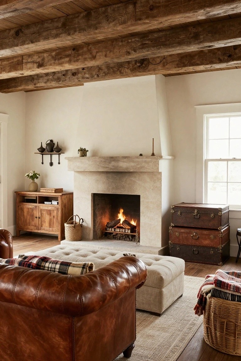 Living room with exposed dark wooden ceiling beams, lit stone fireplace on white walls, brown tufted leather armchair, cream tufted ottoman with plaid throw, wooden credenza holding vase, stacked brown leather trunks by window, rattan baskets, and neutral rug on wood floors.