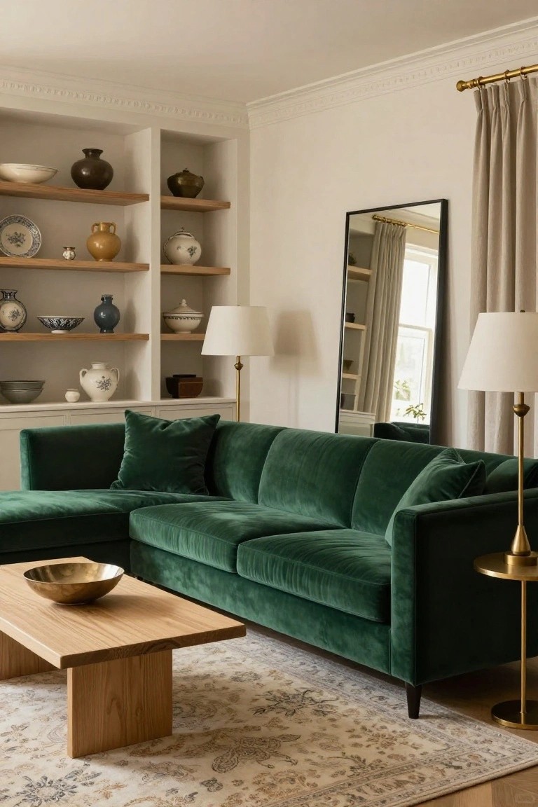 A living room with an L-shaped emerald green velvet sofa, low wooden coffee table holding a brass bowl, built-in oak shelves displaying ceramics, two white lamps on brass bases, a full-length black mirror, and beige curtains beside a beige patterned rug.