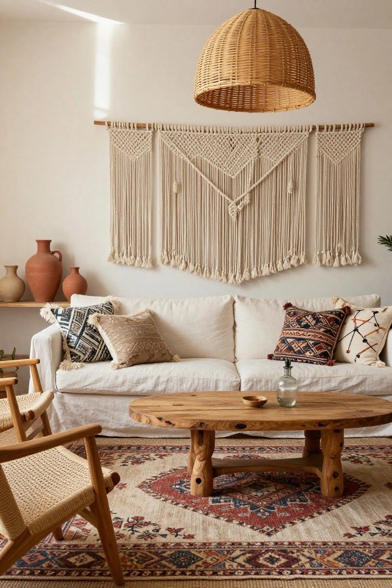 A sunlit living room with white slipcovered sofa topped with patterned pillows, oval wood coffee table, rattan armchairs, woven rug, macrame wall hangings, terracotta vases on a shelf, and rattan pendant light.