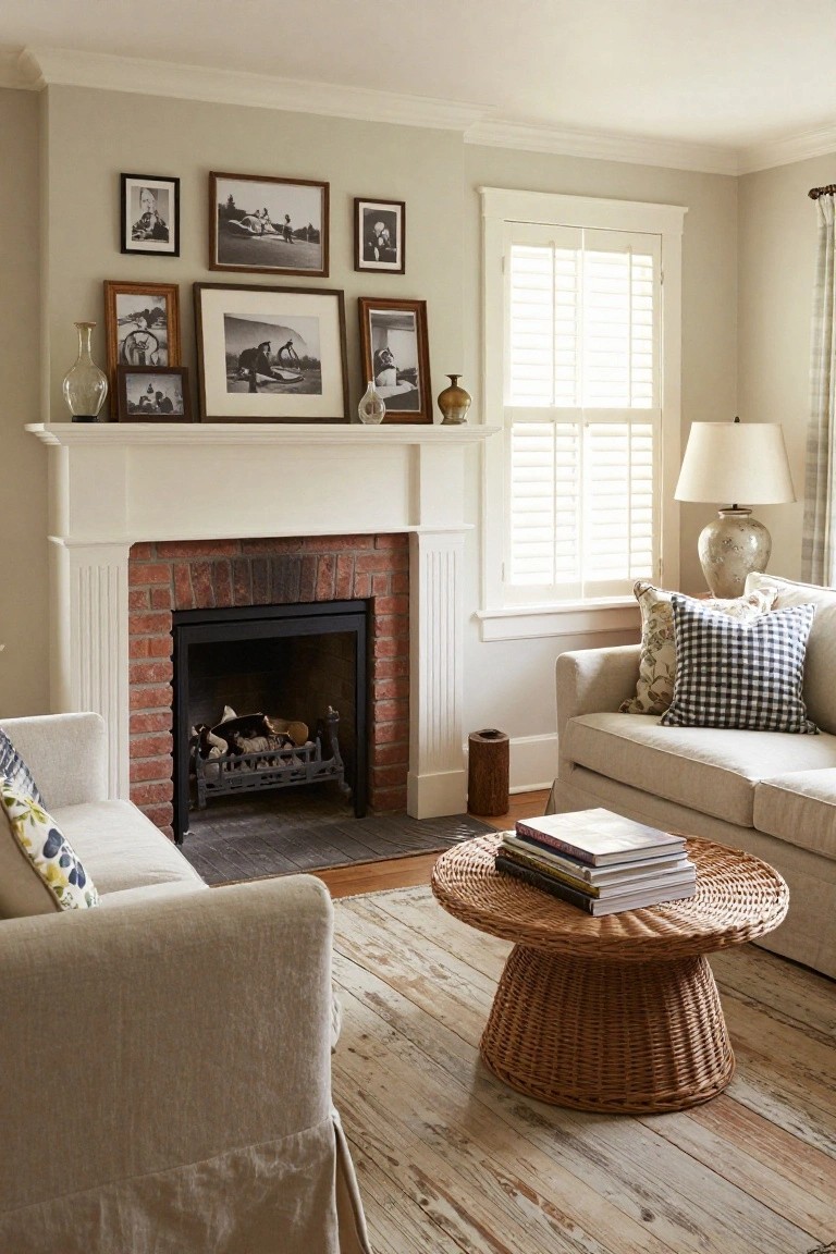Living room with brick fireplace, mantel topped with vases and holding multiple black-and-white framed photos in various sizes, neutral slipcovered sofas, round wicker coffee table with stacked books, hardwood floors, and window with shutters.