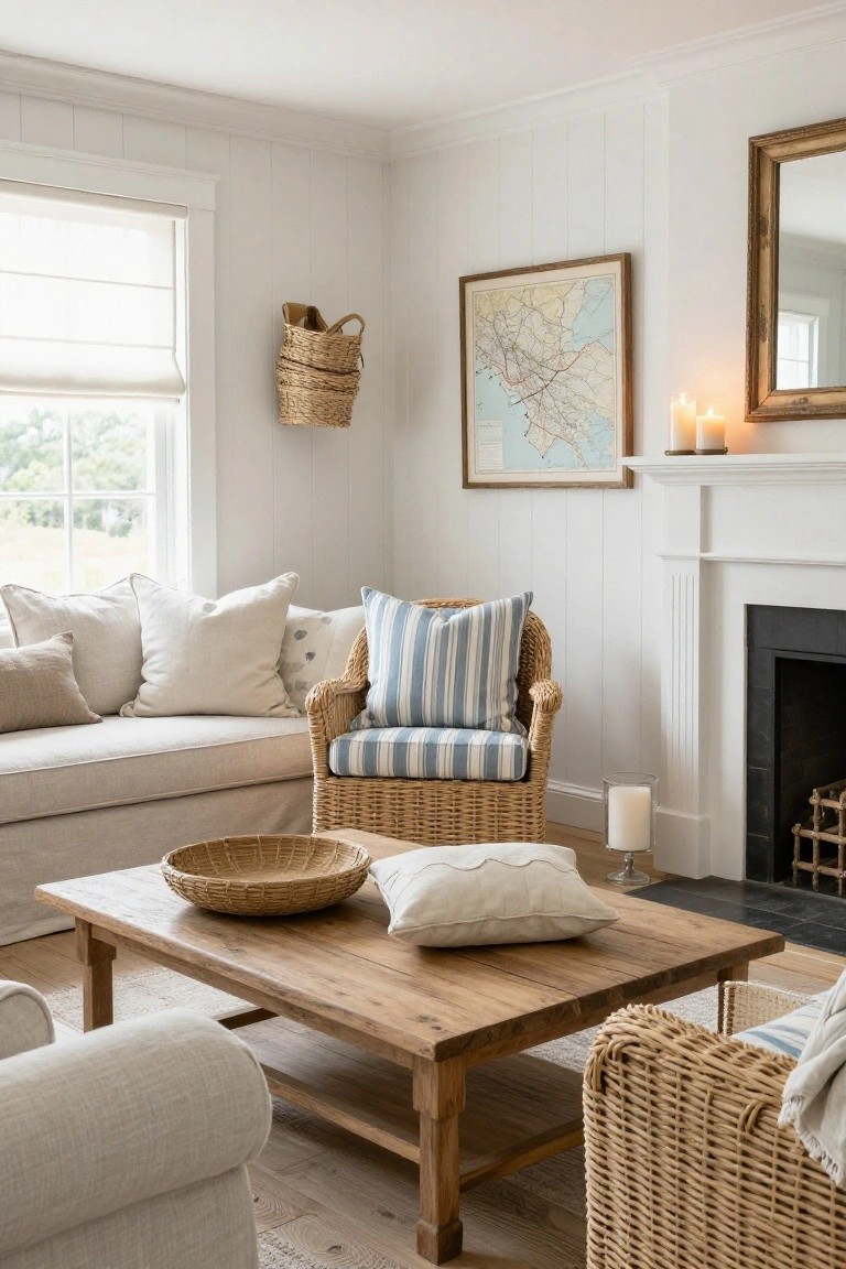 A bright living room corner with white shiplap walls, beige linen sofa with cream pillows, blue-striped wicker armchair, wooden coffee table holding a woven bowl and pillow, white fireplace, and window with sheer blinds.