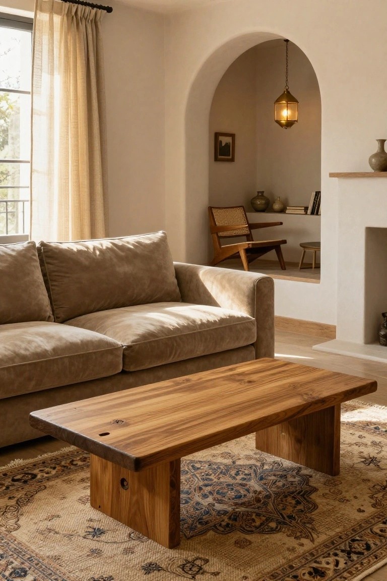 A light beige sofa faces a rectangular live-edge wooden coffee table on a patterned Persian rug in a white-walled living room with an arched fireplace alcove, rattan chair, and pendant lantern.