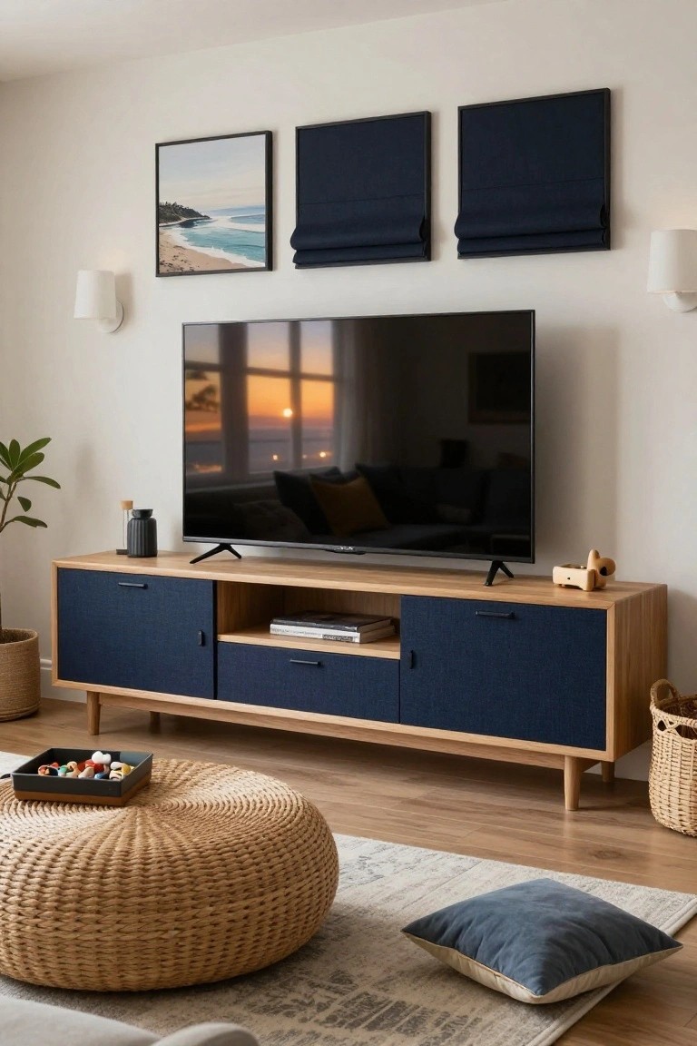 Living room with oak TV console featuring navy fabric doors, mounted TV, potted plant, woven pouf, rattan baskets, and beach photo on white wall above light wood floor.