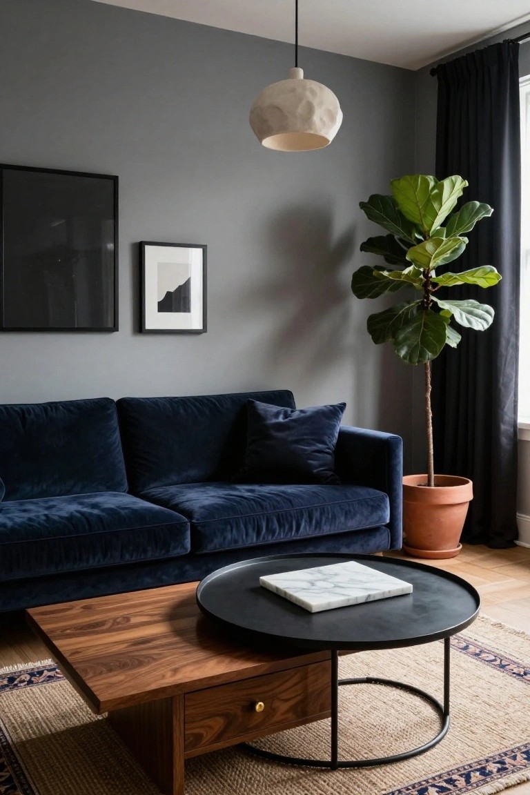 Modern living room with L-shaped navy blue velvet sofa, round black metal coffee table with walnut top and marble tray, tall fiddle leaf fig in terracotta pot, two black-framed abstract prints on gray wall, cream pendant light, seagrass rug on wood floor.