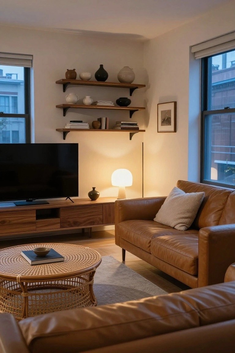 Living room with tan leather L-shaped sofa, wooden TV console and floating shelves displaying assorted ceramic vases and bowls, rattan coffee table, globe lamp, and large windows with roller shades.