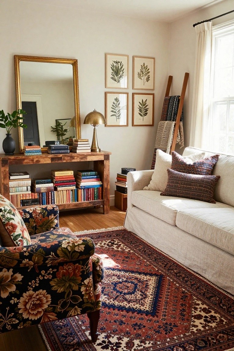 Living room corner with a large wooden console table filled with stacked books, gold-framed mirror above, botanical prints on walls, slipcovered white sofa with patterned pillows, floral upholstered armchair, wooden ladder holding blankets, and red Persian rug on hardwood floor.