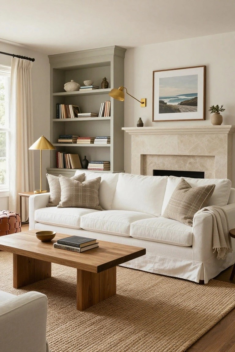 White slipcovered sofa with plaid pillows and throw blanket facing a beige stone fireplace flanked by painted built-in bookshelves in a neutral living room with wooden coffee table and seagrass rug.