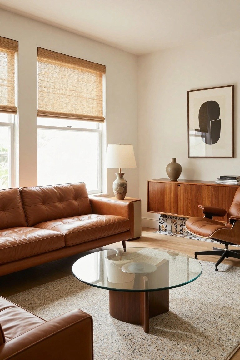 A bright living room with tan leather L-shaped sofa, brown leather armchair on wheels, wood credenza with books and tiles below, glass coffee table with wood base, ceramic lamp and vase, abstract wall art, and bamboo window shades.