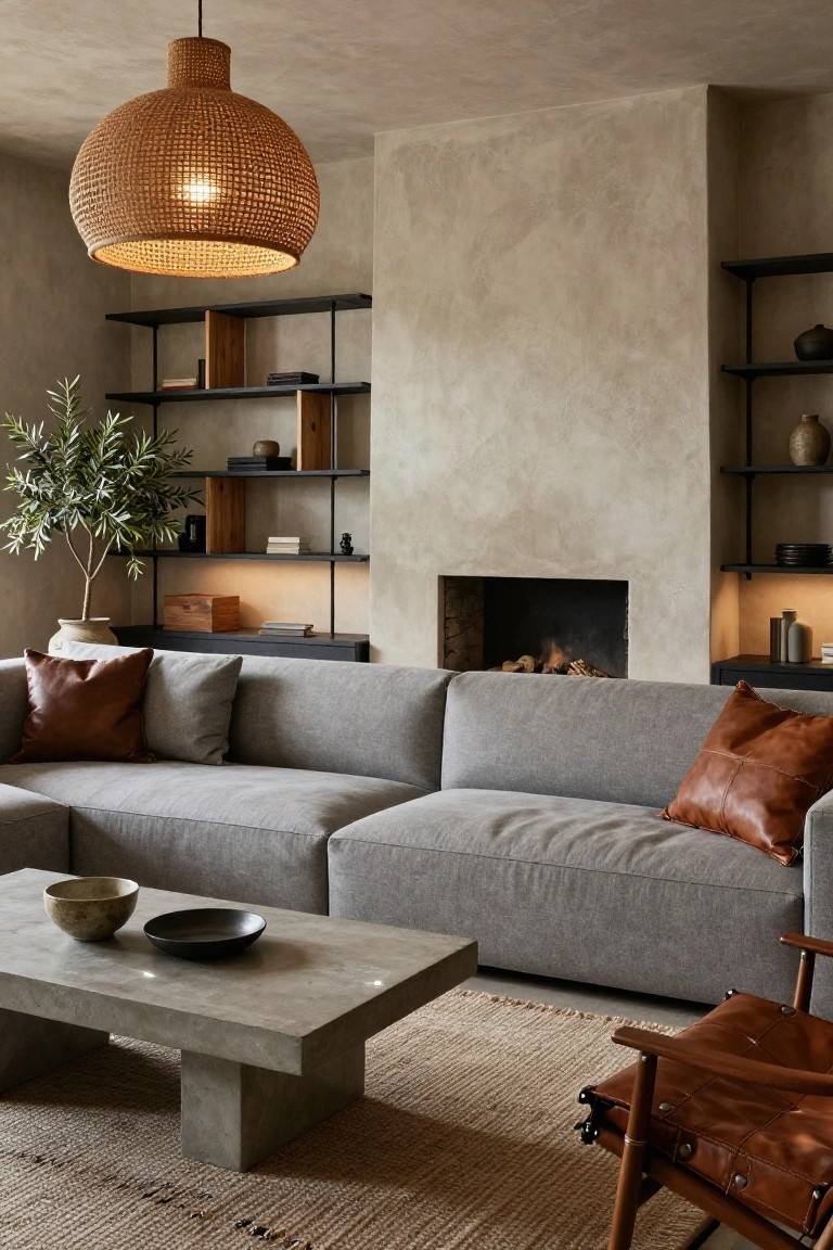 A living room with light beige textured plaster walls, black metal shelves displaying pottery, books, and an olive tree beside a fireplace, a gray L-shaped sofa with tan leather pillows, a rectangular concrete coffee table holding ceramic bowls, a large rattan pendant lamp, and a tan leather armchair on a beige rug.