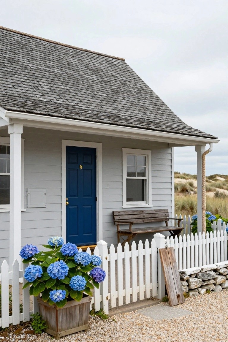 Gray clapboard cottage with dark blue paneled front door, white porch with wooden bench, white picket fence, large potted blue hydrangea, and dune grass in the background.