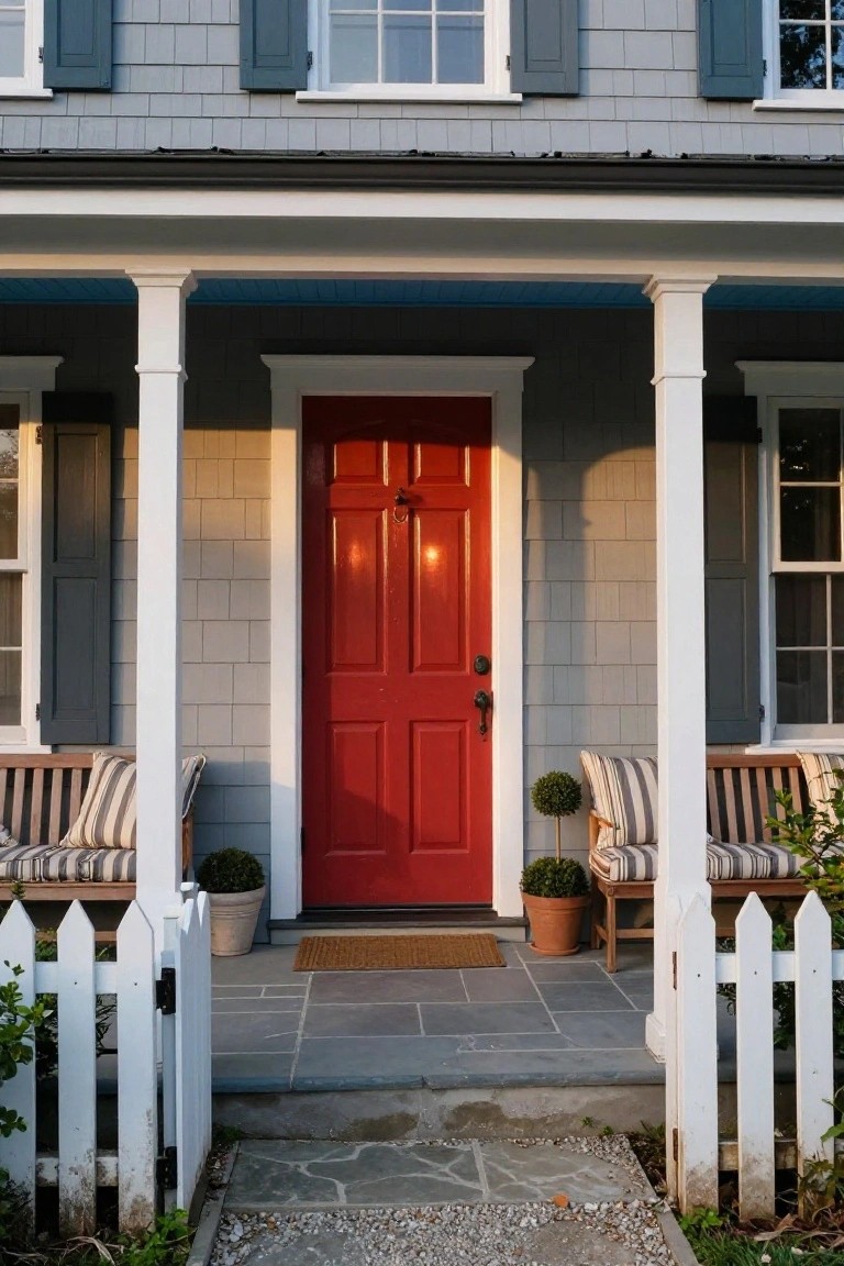 Gray shingle siding house with white porch columns, red paneled front door, striped cushioned benches, potted plants, and white picket fence gate leading to stone steps.