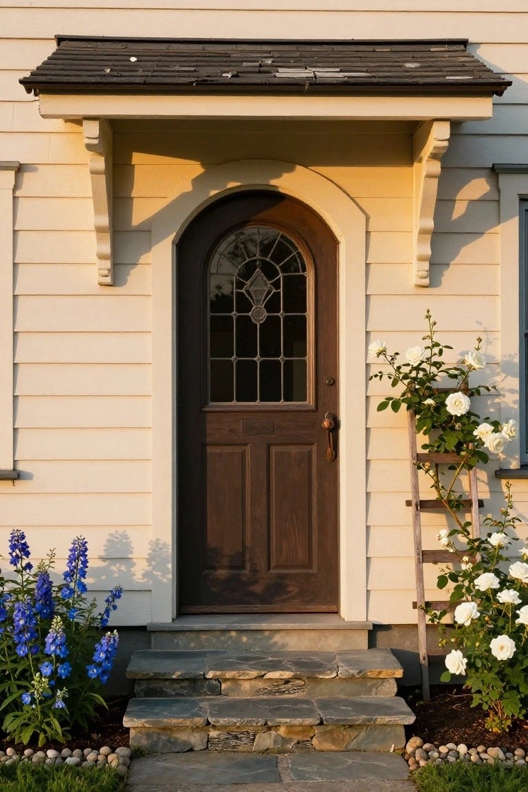 Beige clapboard house exterior with dark wooden arched front door featuring stained glass window, yellow porch brackets and overhang, climbing white roses on wooden trellis to the right, blue delphinium flowers to the left, and flagstone steps leading to the entry.