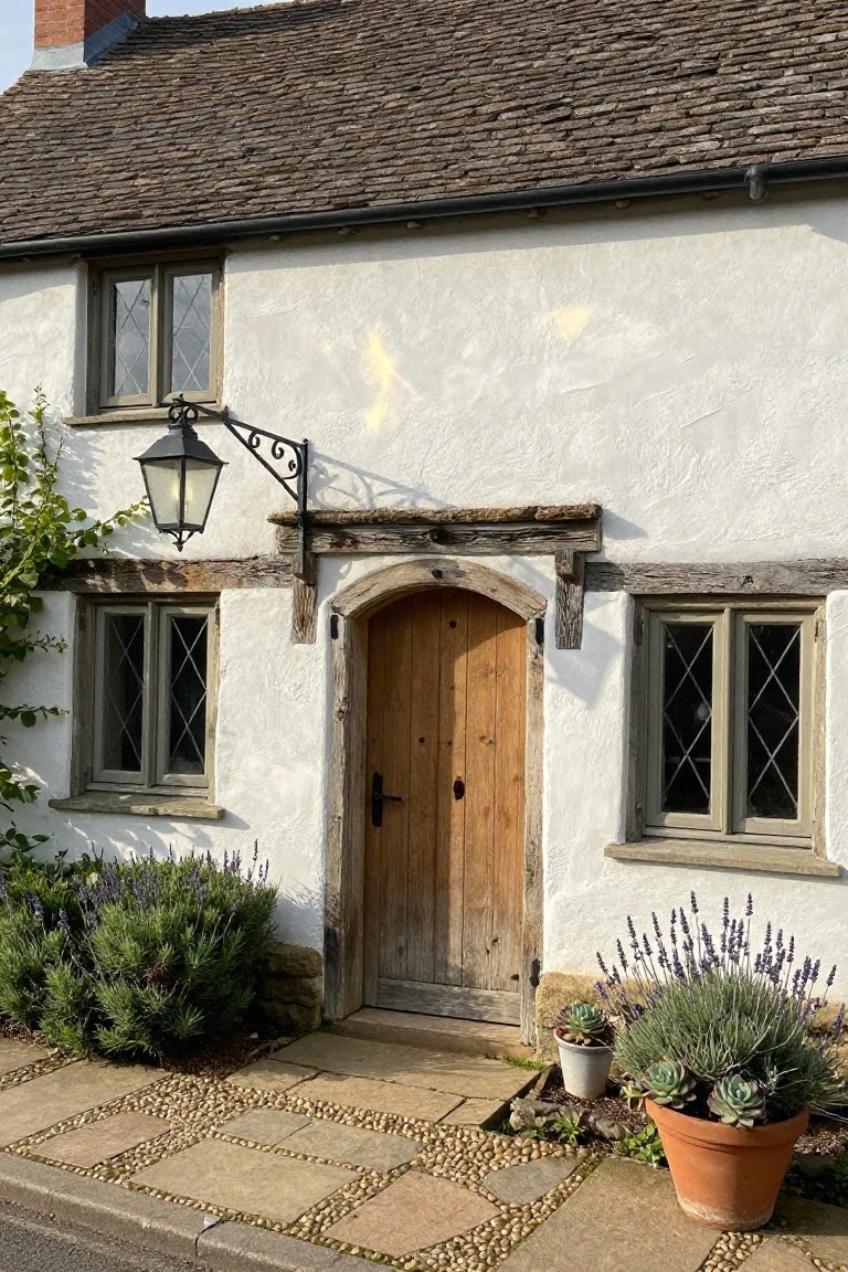 White plaster cottage with stone-tile roof, arched wooden front door, leaded glass windows, exposed timber lintel, hanging lantern, and potted lavender and succulents beside a stone path.