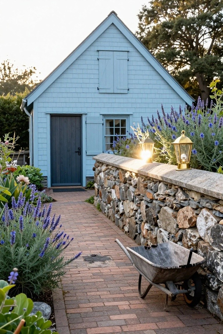 Small light blue shingle-sided gabled cottage with dark wooden door and window shutters, next to a stone wall, brick path, lavender plants, lanterns, and wheelbarrow in a garden at sunset.