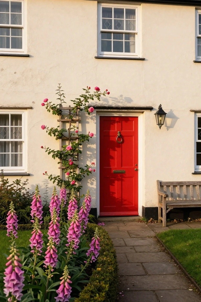White cottage exterior with a glossy red front door, brass knocker, climbing pink roses on a wooden trellis to the left, pink foxglove flowers bordering a stone path, a lantern light, and a wooden bench to the right.