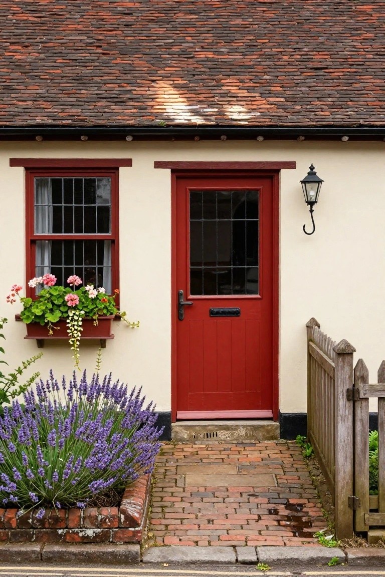 White cottage exterior with red front door featuring grid glazing, red-framed window with pink geranium flower box, lavender plants in brick bed, brick path, wooden picket fence, and lantern light.