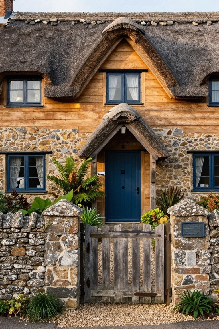 Quaint two-story cottage exterior with thatched roof, lower stone walls, upper timber cladding, blue front door under wooden porch, stone boundary wall with wooden gate, and plants around the entrance.