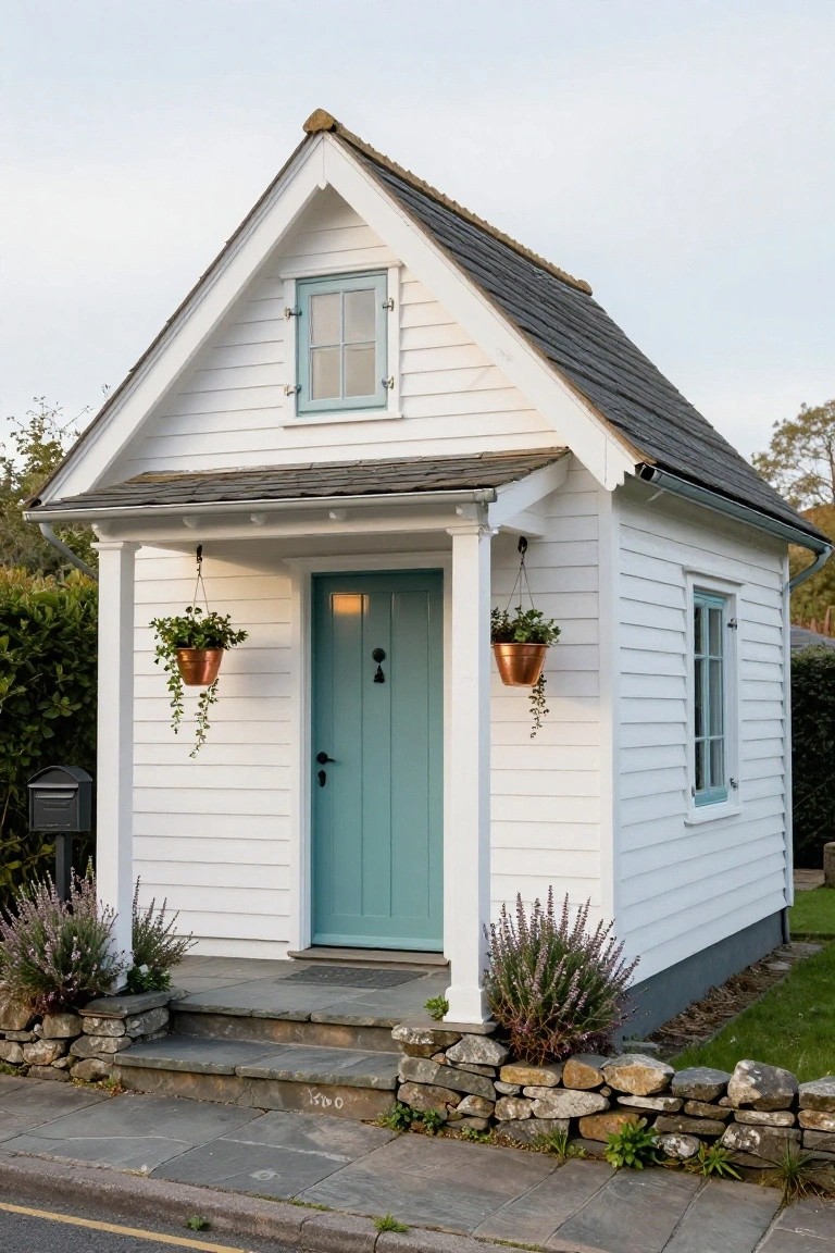 Small white clapboard cottage with gabled slate roof, teal front door under covered porch with white columns, copper hanging planters with ivy, blue windows, stone steps, lavender shrubs, and rock wall beside paved path.