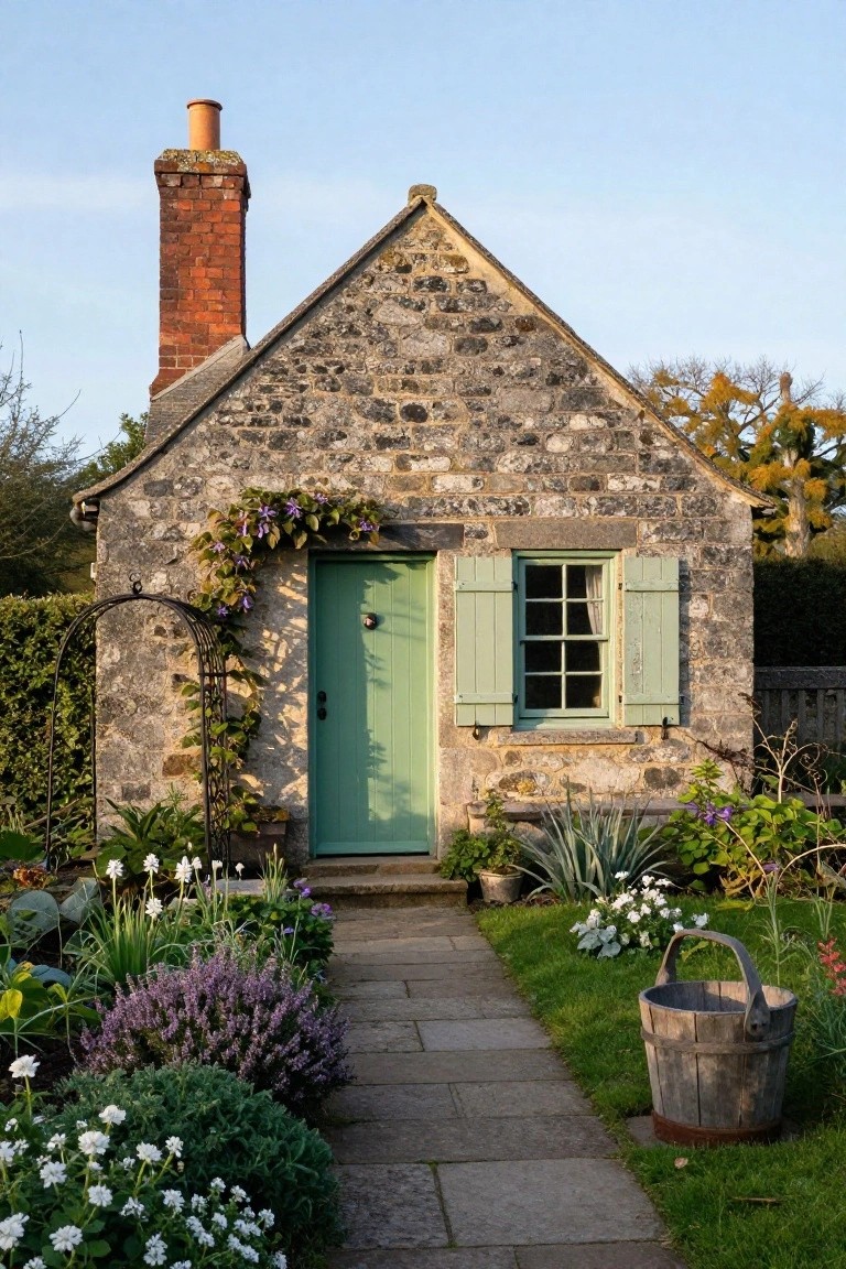 Small rustic stone cottage with mint green front door and matching shutters on the window, purple clematis vines climbing a black arched metal trellis beside the door, stone pathway leading through flower beds to the entrance, wooden bucket nearby.