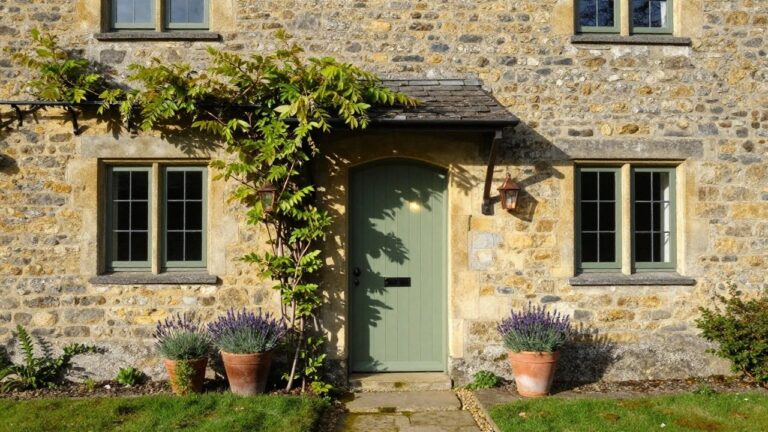22 Quaint Cottage Exterior Designs That Capture Classic Simplicity Stone cottage facade with green double door, wisteria vine draped over a black metal trellis above the entrance, flanked by copper lanterns, and terracotta pots of lavender on stone steps.